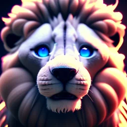 3d fluffy Lion, closeup cute and adorable, cute big circular reflective eyes, long fuzzy fur, Pixar render, unreal engine cinematic smooth, intricate detail, cinematic