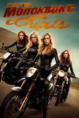 Poster for an action film called "The Motorbike Girls" starring Katherine McNamara, Margot Robbie and Georgia Henshaw wearing tight leather catsuits, standing side-by-side.