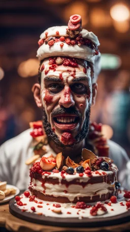 portrait of wilderness muzzled cannibal baker the highest advanced art cake sculpture during a casino game show, bokeh like f/0.8, tilt-shift lens 8k, high detail, smooth render, down-light, unreal engine, prize winning