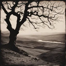 Ilford detailed spooky landscape strong texture, extreme detail, distress, high contrast, rich colours, Alphonse Mucha