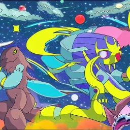 scene of space beast in the cosmos in pokemon style