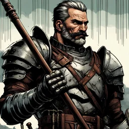 mature human athletic knight, scrapped full-plate armor, chiseled features, shaved beard with strong trimmed mustache, using polearm