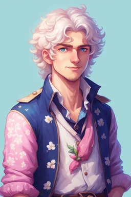 kind young sailor, man, white slightly curly hair, pirate shirt, pink and azure clothes, white floral pattern on jacket, flower in hair, stardew valley style