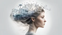 white background, Magic secret on the top of a woman's head, in her hair, double exposure, high resolution, fine rendering, high detail, 3D, lock on the head, fantasy, mysticism,