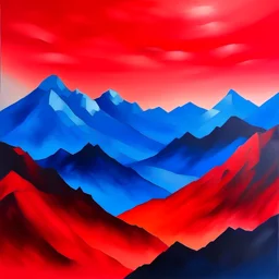 acrylic landscape with blue mountains and red foreground