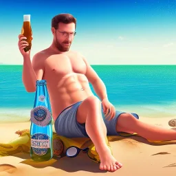 deutscher dicker männlicher urlauber sonnt sich am strand in socken und sandalen mit einer bierflasche.