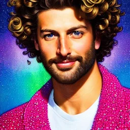 Yung gravy, his highly detailed, amused and handsome dimpled face, his multi-hued curly hair; multidimensional pointillé; by lisa frank, daniel gerhartz, phil noto art, mucha, manara; hyper-detailed, hyper-realistic, sharp focus; symmetrical face; textured shading, subtractive lighting, unreal engine