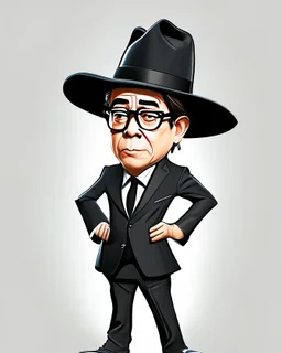 Caricatura de Gustavo Petro hablando serio cuerpo completo sombrero baquero traje gris no cornbata obra de arte detallado 4k