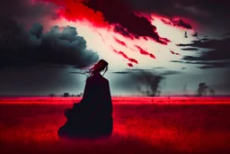 A dark sihlouette of a person drifting among the beautiful haunting blood-red clouds