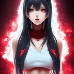 A lovely woman, An anime girl, black long hair, red eyes, red horns, black crop top, black shorts