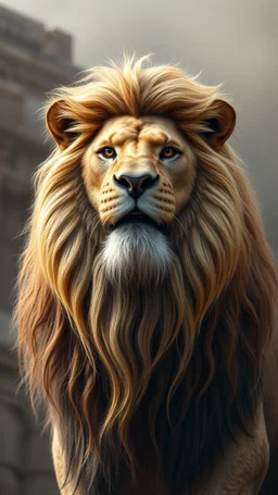 A lion with human look face and long hair and beard looks like an ancient Sumerian gods