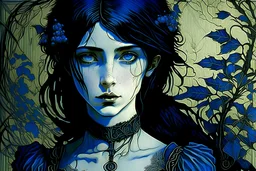 Gothic portrait of a young woman in the style of Arthur Rackham and Norman Rockwell. She has dark blackish blue hair and there are blueberry plants around her. Piercing blue eyes. Steampunk Wednesday Adams
