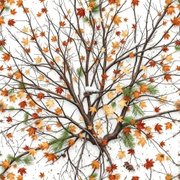 detailed Real Tree Camouflage made of bare bush branches, fir branches, dried maple leaves, snow and dirt, white background, seamless repeatable texture camo pattern
