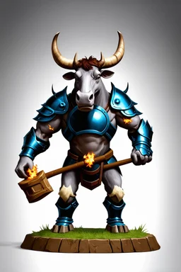 Bevo, the Texas Longhorn as a minotaur wearing black plate armor, trimmed in shiny blue, holding a mace crackling with thunderous energy