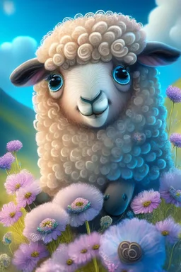 Happy and cute scottish mountain sheep with dreamy sparkling eyes, 4K resolution quality, sitting and holding flower, nursery art, very beautiful and highly polished, with perfect detail, smooth edges, soft hair, flawless facial features , stunning, whimsical fantasy, beautiful, detailed, well rendered, cartoon, illustration