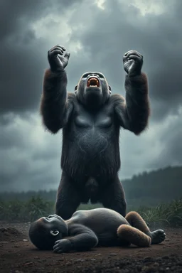 A gorilla standing with anger , looking up to the sky , raising both hands up like prayer. His son is laying dead on the ground, A cloudy stormy . 4k, dramatic scene,