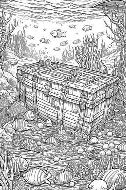 coloriages mystères :Une épave de bateau repose au fond de l'océan, entourée de trésors engloutis tels que des coffres au trésor, des bijoux étincelants et des artefacts mystérieux. Des poissons curieux explorent les environs.