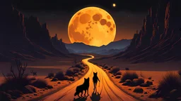 A decaying, gaunt, shuffling zombie and a small, black dog walk down a long, straight road in a desert canyon at night under a large, amber moon, cel-shaded, digital illustration, deep, dark colors, color sketches, horror art, moody, atmospheric, liminal spaces, illuminated.