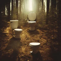 russian astronaut sits on a toilet seat in the middle of the forest. post-apocalyptic, hyperdetailed, lens flare, bokeh, low-key lighting, kodachrome