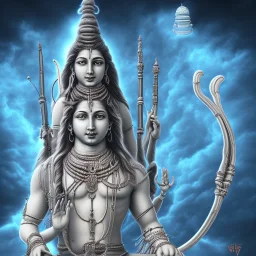 lord shiva meditating in the air, ultra realistic photo, blue colour, high key lighting, volumetric light high details psychedelic background