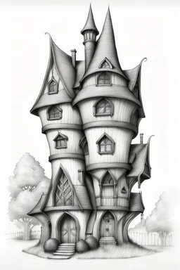 A pencil sketch front elevation line drawing of a tall, narrow, twisted, mediaeval fantasy house.