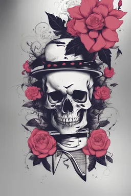t-Shirt design, print on white shirt, skull with flowers, punk, guitar, hand writings, text, grafic design