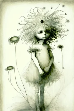 pencil and charcoal sketch of a cute happy little dandelion fairy girl, Mucha inspired emotional nature ephemeral sculptures of Andy Goldsworthy, tiny human form, essence captured as if created by surrealist photographer Noel S Osvald rendered in bright ombre colors, mixed with influences by John Bauer and Tim Burton, faded dark grey background, minimalistic art, with details that reflect advanced rendering techniques that push the drawing's realism even further Modifiers: trending on Artstation