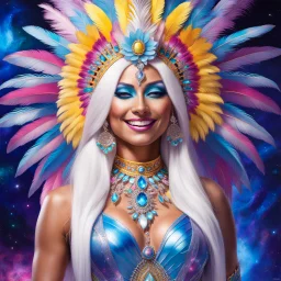 full body photorealistic portrait of a beautiful smiling amazonian carnival spiritual goddess with long parma white hair, colorful feathers tight hips with a tron like body suit tribute to the galaxy in a cosmic surounding only blue , pink and yellow, crystal jewels