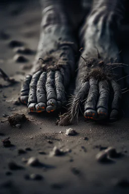 A toes looks dirty filled on the grey dark. Sands and dirt on a sands ground, a big widow spider crawling on the toes