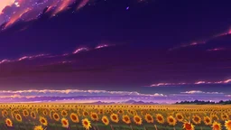 purple sky full of stars, sunflower field, anime, high res, makoto shinkai