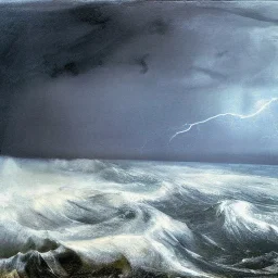 Andrew Wyeth, painting, ocean, waves, lightning bolts, photo realistic, 8k, storm, blizzard, hurricane