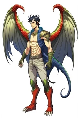 Anime man side character with dark , hybrid with (dinosaur and wings),small muscles, aged 30, wearing a (dinosaur with wings )superhero suit