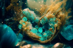 Double exposure, merged layers, beautiful composition, turquoise prawns made with concrete and driftwood and rare pearl and low voltage filament lit, golden patina, in sunshine, corrosion, heart and love, angora fur, burlap, waterfall, flowers in sunshine, ethereal, cinematic postprocessing, bokeh, dof