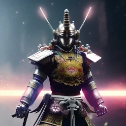 A portrait of a crystalised robot samurai with yakuza tatu, atmospheric, realistic, unreal engine cosmic galactic, cinematic lighting, octane render, cosmic ambiance, masterpiece, art by Yoji Shinkawa, composing fit inside, masterpiece