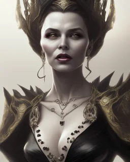 old evil queen in black leather gown, volouptous, busty, cleavage, angry, emperious, 8k resolution concept art portrait by Greg Rutkowski,