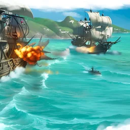 Two pirate ships fight each other at sea. Firing cannons.