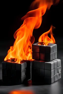 Burning charcoal cubes and flame