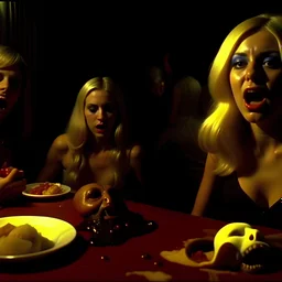 Horror movie shot, ultra realistic, hot dine, ultra realistic hot blonde women, hot party, pieces of meat, they enjoy, organs, ail, dynamic, very excited hot people, hypermaximalist figures, light, 1970's Italian horror movie, sinister,, Dario Argento, Stanley Kubrik, ornate, 4k, photorealism