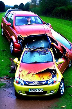 Noddy crashes his car and ends up in a mangled, bloody mess