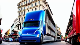 A Tesla semi-truck is racing at top speed, across the 'French Quarter' in New Orleans, Louisiana. CINEMATIC. WIDE ANGLE LENS.