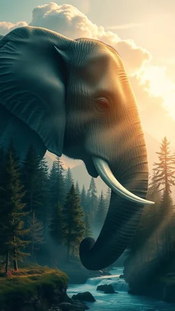 portrait of an elephant Double exposure surreal digital art of a mysterious , his face in profile, blending seamlessly into the shape of the clouds . a magical forest scene unfolds, illuminated by golden light rays, with tall trees and a flowing river.