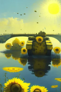 yellow water of lake with bridge of sunflowers and tanks and in fuggy sky with dim sunlight