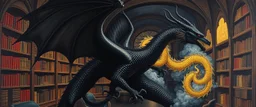 master oil painting by Escher and Giger, black dragon and hidden golden dragon inside library