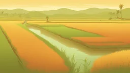 Rice field，Trees，Warm color palette，Animation，A lovely grasshopper