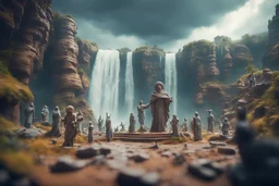 archeologists discovering storm giant people in Rivendale worshipping statues and idols, on a strange planet with weird colors and waterfalls, bokeh like f/0.8, tilt-shift lens 8k, high detail, smooth render, down-light, unreal engine, prize winning