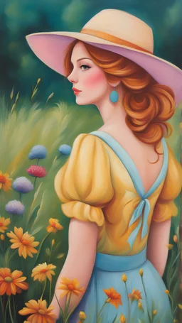 Painting of Anne Shirley standing from behind in a field, wild flowers, oil painting, beautiful painting, dream, farm, Anne Shirley standing from behind, she put a summer hat on her head, vibrant, colorful, inspired oil painting by Jeremiah Ketner