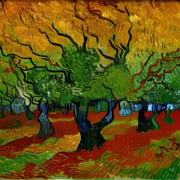 Apple trees and autumn leaves in the sun Van Gogh style