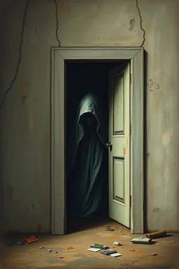 Bosch painting style nightmare, a wall with An open big door behind the door is a hooded ghost creature