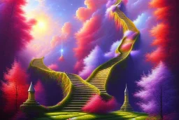 mystical long stairway up to heaven in the sky, beautiful colours, romanticism, fantasy, Neo-Impressionism, fine art