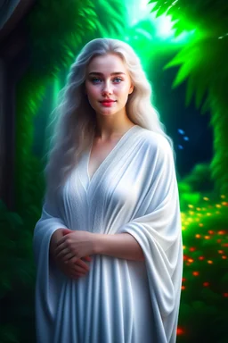 Realistic digital art, full body portrait, ethereal, mature, beautiful and attractive young Norwegian, cute nose, brown hair and white hair, long wavy braided hair, full lips, sweet smile, light natural makeup, wearing a white wrap dress, Nordic patterns, long wavy hair, malachite colored eyes, digital art, masterpiece, trending on artstation, volumetric lighting, triadic color,April, Summer Fashion, smooth soft skin, curly hair, detailed eyes, detailed face, looking into camera, intricate, summ